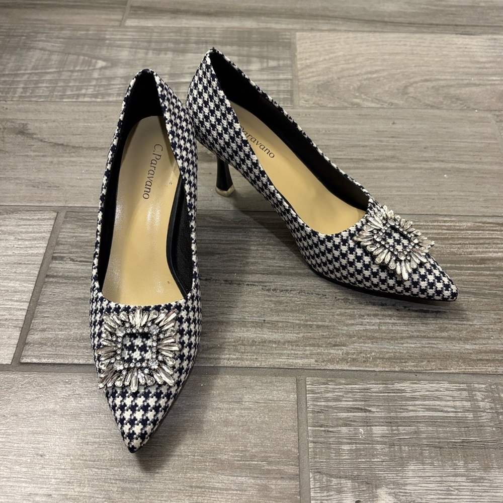 C. Paravano Navy and White Houndstooth Heels